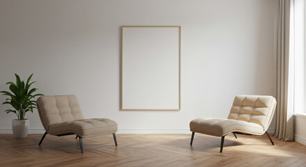 Serene minimalist living room with two beige lounge chairs a large empty frame and soft natural