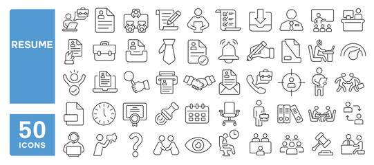 Set of 50 line icons related to resume, folder, cv, recruitment, description, employee, certificate, experience, form, skills, work application, Editable stroke. Vector illustration