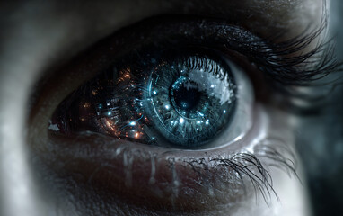 Naklejka premium futuristic close-up of human eye with cybernetic iris and glowing digital circuits, sci-fi concept blending organic vision with advanced technology and artificial enhancements, high-tech optics design