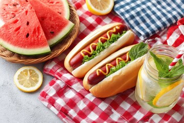 Hot dogs, watermelon and lemonade resting on picnic blanket