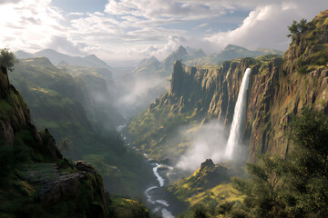Fototapeta premium Beautiful panorama featuring iconic waterfall, misty environment, and scenic landscapes
