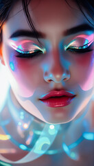 Futuristic Woman with Neon Makeup and Light Effects