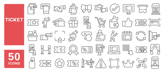 Set of 50 line icons related to ticket, pass, event, vip, qr code, permission, coupon, offer, ticket machine, Editable stroke. Vector illustration