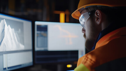 Offshore engineer verifying seismic data for offshore oil exploration. Featuring seismic verification
