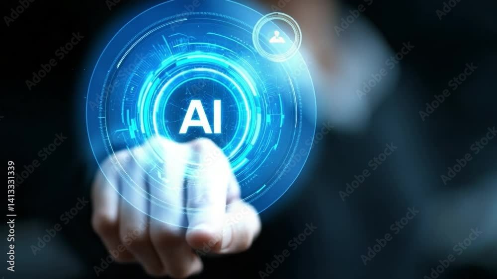 Poster a blue digital ai assistant symbol using hud design language, hovering in virtual interface space