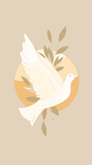 Elegant dove symbol on earth-toned background with leaves flat vector illustration