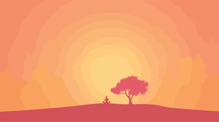 Naklejka premium Silhouette of person meditating at sunset under tree in warm tones flat vector illustration