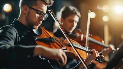 Fototapeta premium Two violinists engrossed in a harmonious performance.