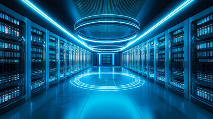Obraz premium Futuristic Data Center Concept: Serene Blue Hallway with Glowing Servers and Circular Lights