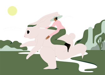 Woman riding a bunny. Concept of holiday and good news.