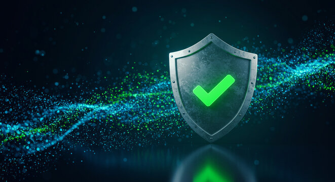 Secure your data guaranteed protection digital shield glowing green checkmark dark background