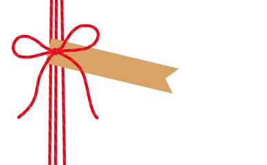 Hand drawn bow, gift tied up with cotton red rope bakers twine, ribbon with blank kraft paper flag tag. Packing string for present Birthday, Christmas pastry box. Flat EPS10 on transparent backgroud