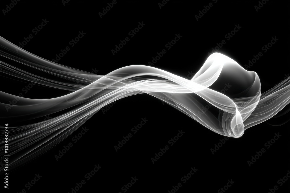 Poster abstract black and white background with flowing light curves, creating an elegant and dynamic desig
