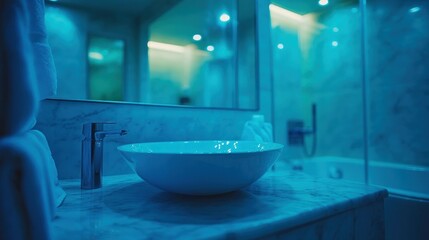 Modern bathroom interior, illuminated with cool blue light.  Clean, stylish sink and counter