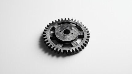 Black gear placed on a white background showcasing industrial design and mechanical engineering elements