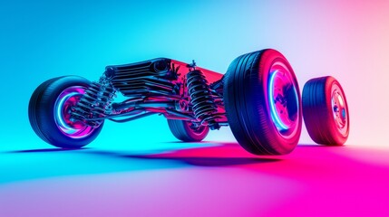 Car chassis with wheels illuminated in vibrant blue and pink light set against a smooth gradient background