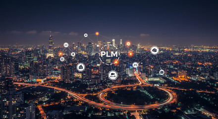 Fototapeta premium PLM connects a smart city at night showcasing digital transformation and technological innovation