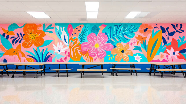 A Floral Explosion: School Cafeteria Mural for Enhanced Student Dining Atmosphere