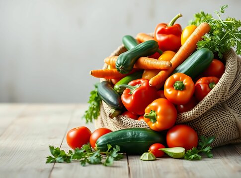 Colorful fresh vegetables in burlap sack on rustic wooden table