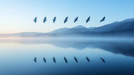 Birds flying over a serene lake at dawn with mist rising and mountains in the background