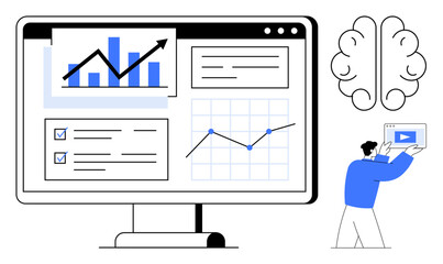 Obraz premium Dashboard displaying bar and line graphs, checklist, user interface. Brain icon symbolizes AI, man interacting with media. Ideal for data visualization, AI, analytics, business education