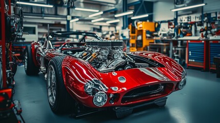 Obraz premium Classic red sports car undergoing restoration in a well-equipped workshop with modern tools and vibrant lighting