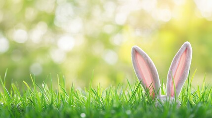 Rabbit ears peeking through green grass, creating a playful and whimsical Easter scene with natural backlighting.