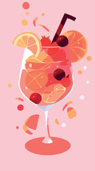 Refreshing fruit punch with citrus slices in glass flat vector illustration