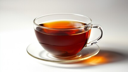 Classic black tea served in a glass cup on a simple saucer against a light background
