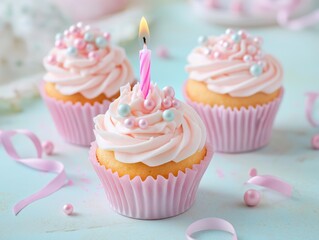 Festive cupcake with creamy frosting, colorful sprinkles, and a lit birthday candle on a pastel gradient background. Perfect for celebration themes and joyful occasions.