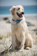 Stylish Golden Retriever Enjoying a Breezy Day by the Sea