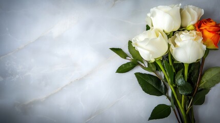 Beautiful white flowers, roses, over marble background. Bouquet of flowers at cemetery , funeral concept.