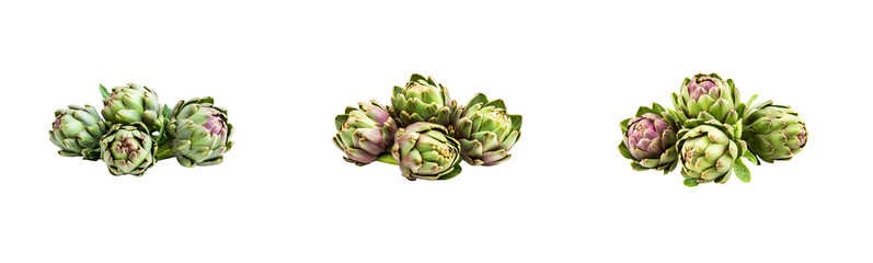 Fototapeta premium Artichoke bunches composition on black, fresh ingredients , cut out transparent