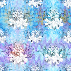 Seamless pattern. Dahlia and lily flowers. Bouquet of flowers and herbs on a watercolor background. Abstract wallpaper with floral motifs. Floral composition.