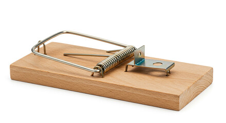 Classic wooden mousetrap ready to spring simple design isolated on white background