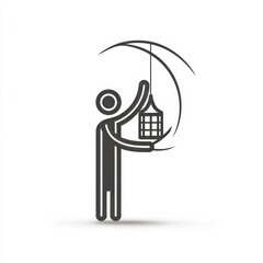 Obraz premium An artistic stick figure holds a lantern under a crescent design, creating a simple illustration.