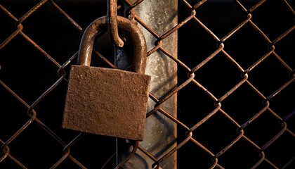 A rusty padlock on a chain-link fence partially lit from one side