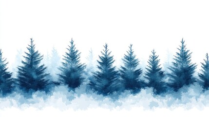Obraz premium Winter forest scene, a row of dark blue coniferous trees in a misty, cloudy landscape