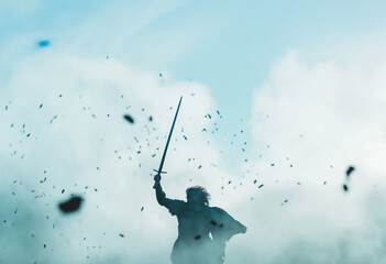 Swordsman in the battle, swinging his sword, Fantasy movie shot, stock photography, epic