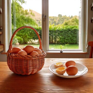 una canasta con huevos de cascara caf&eacute;, un plato con un par de huevos duros partidos en dos, sobre la mesa limpia de madera de una cocina calida y acogedora que tiene una ventana que da a un hermoso