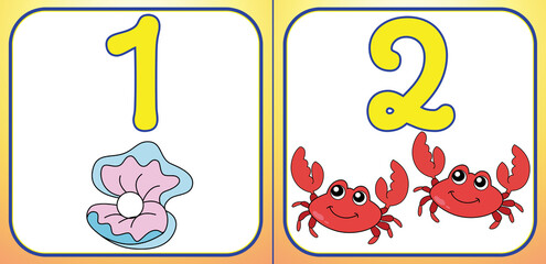 Pages of children's counting book with bright illustrations and numbers