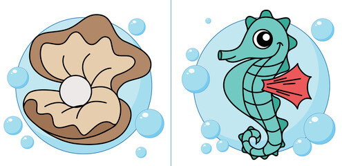 Oyster with pearl, seahorse and bubbles on white background, illustrations