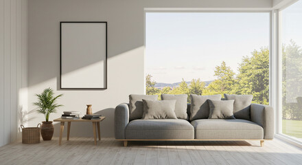 Serene living room design featuring a grey sofa large window showcasing a picturesque view and