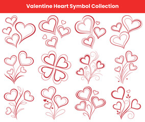 Red Hearts Symbol Collection with Ornamental Stems on White Background, Love Concept