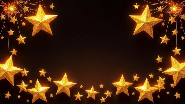 Funkelnde goldene Sterne mit Leuchteffekt auf schwarzem Hintergrund. Ideal als festlicher Rahmen oder Dekohintergrund.