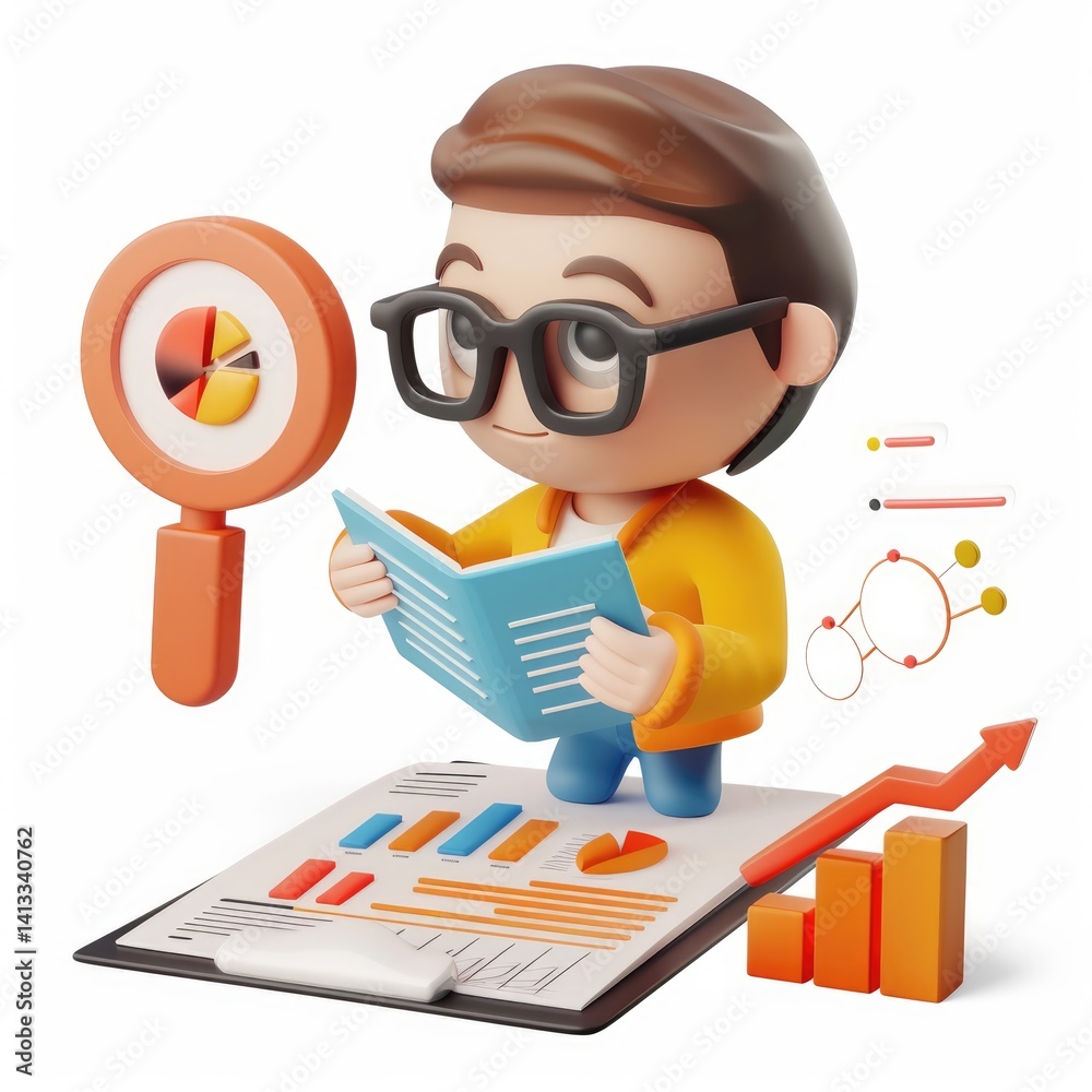 Poster cartoon character analyzing data with charts and graphs.