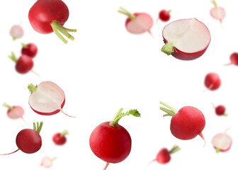 Fresh ripe radishes falling on white background