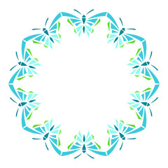 Fantasy round frame of blue butterflies. Bright cheerful ornament. Boho design in printed batik style. Romantic ethnic isolated vector illustration on white background. Cute summer mandala