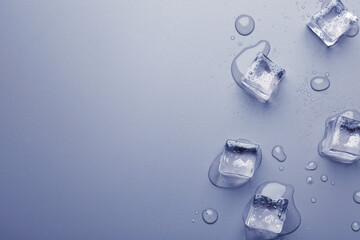 Melting ice cubes and water drops on light blue background, flat lay. Space for text