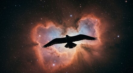 Silhouette of Bird Soaring Before Heart-Shaped Nebula and Starry Cosmos
